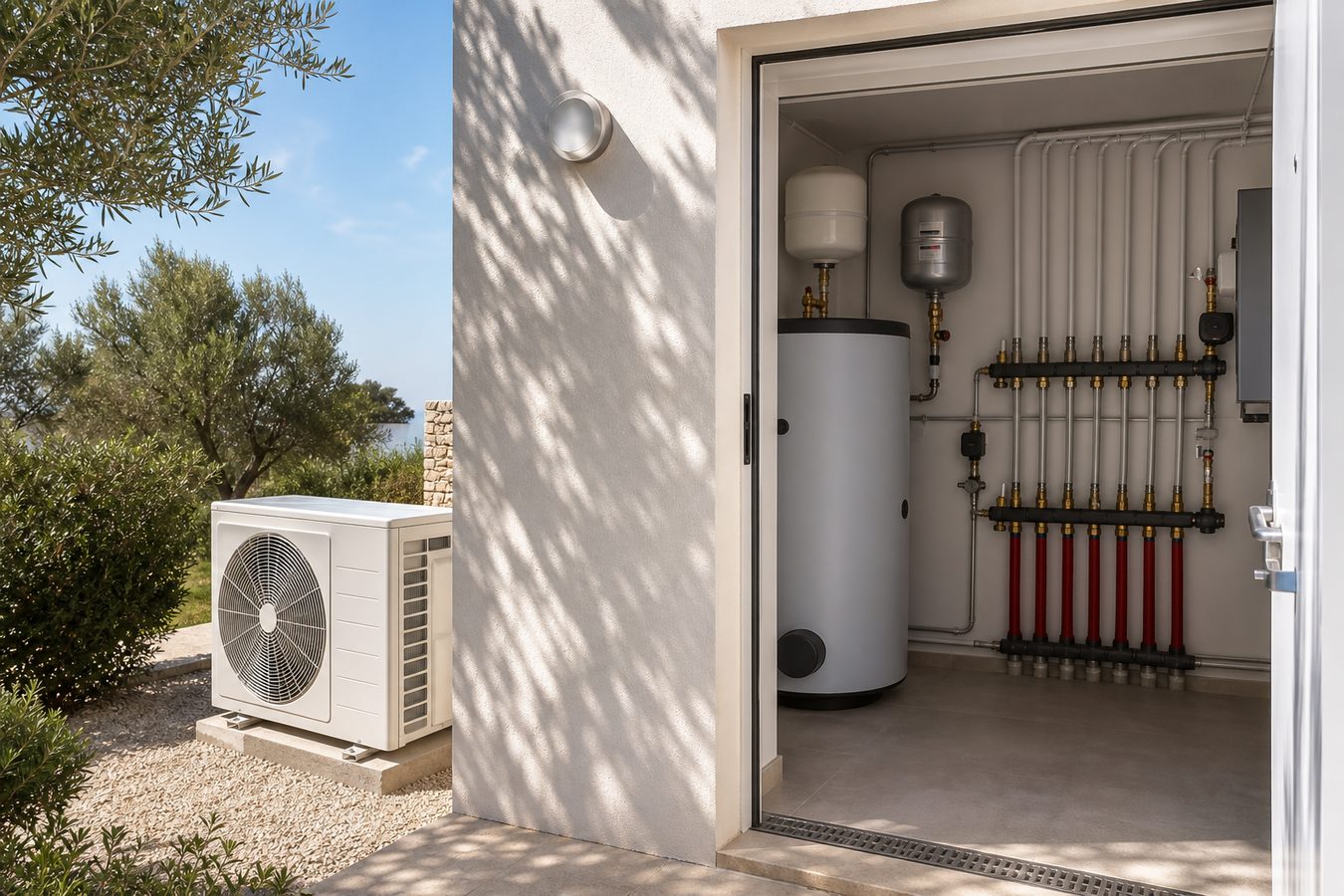 Pompa di calore idronica con locale tecnico per riscaldamento e raffrescamento