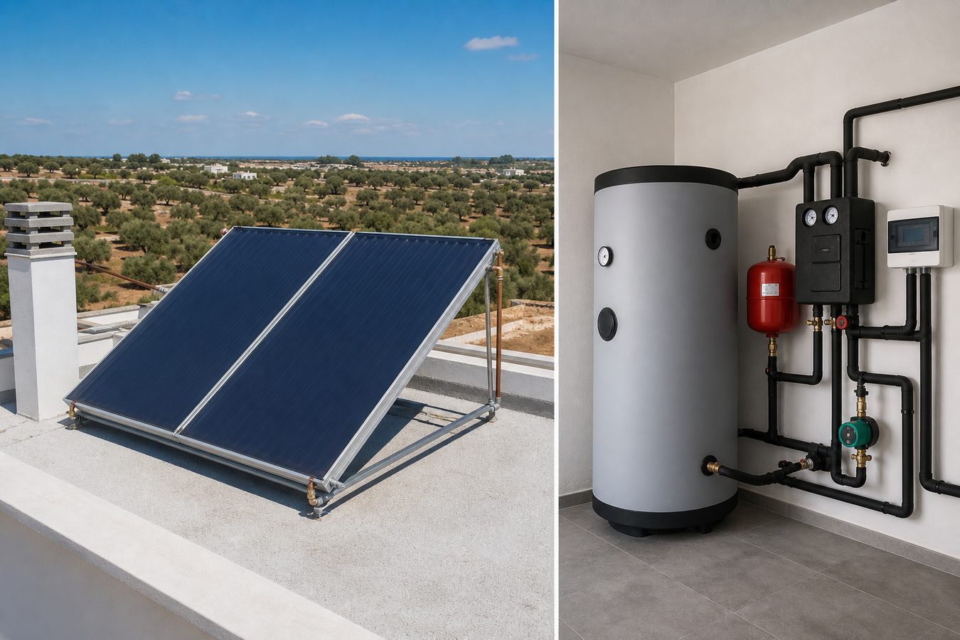 Solare termico a circolazione forzata con bollitore e centralina nel locale tecnico
